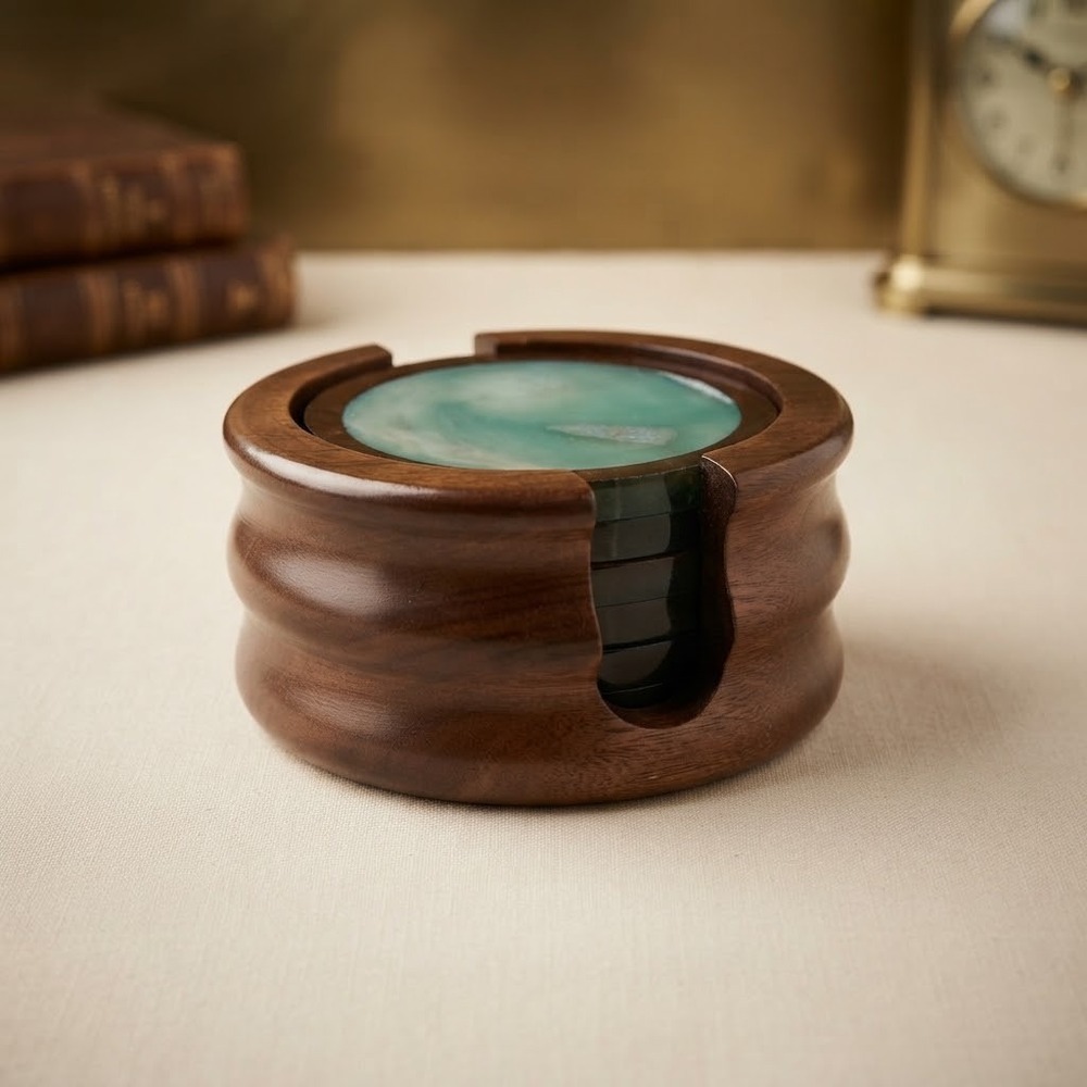 Vintage Faux Agate Resin Coaster Set of 6 with Wood Holder Mid Century MCM